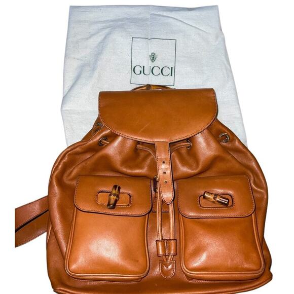 Gucci Vintage Brown Leather and Bamboo Backpack Bag With Dust bag main image 8